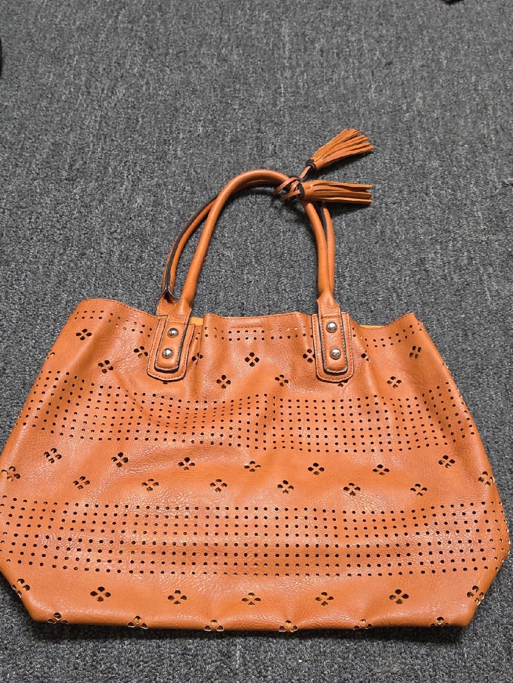 Women's Tan Perforated Leather Tote Bag with Tassels